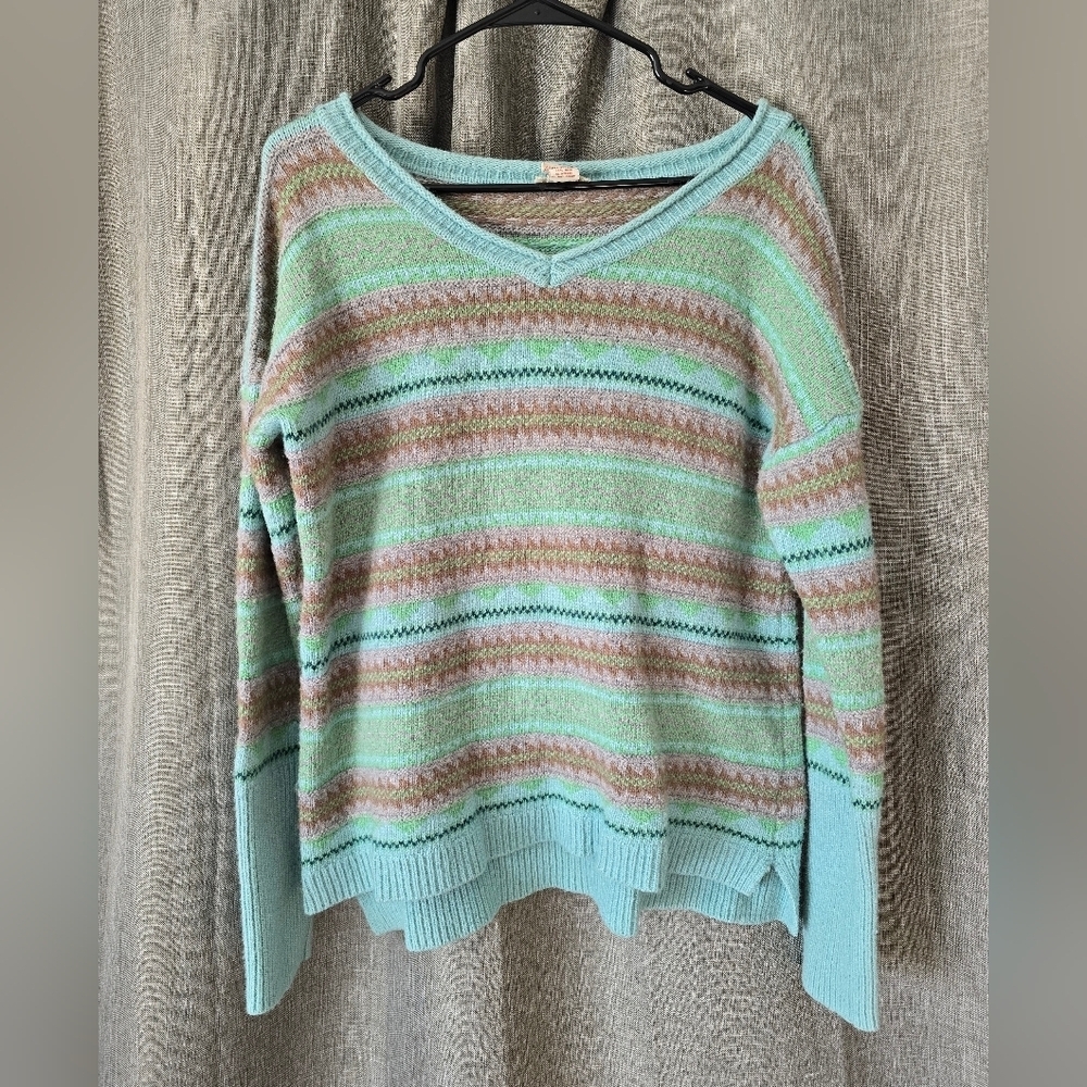 Sundance Sweater Size L Green Blue Stripe V-Neck Pullover Merino Wool Blend Knit
